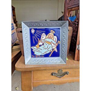 Jennifer Rocha Mexican Folk Art Angel Tin Frame Ceramic Tile 7.75" Signed